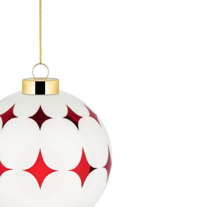 palla per albero di natale marca Alessi in vetro soffiato bianca con rombi rossi