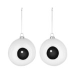 due palline per albero di natale a forma di occhi in vetro dipinti a mano colori bianco e nero