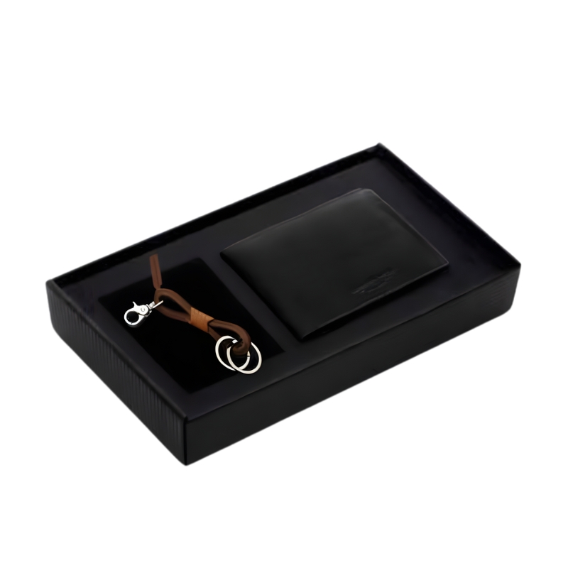 Spalding & Bros Kit Portafoglio Nero e Portachiavi Cuoio Double